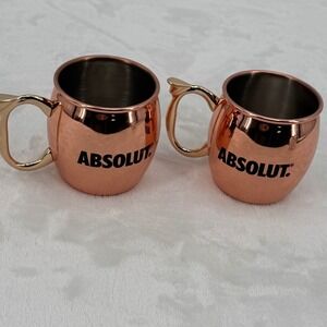 Absolut Vodka Copper Moscow Mule Mugs Stainless Steel Interior Set of 2